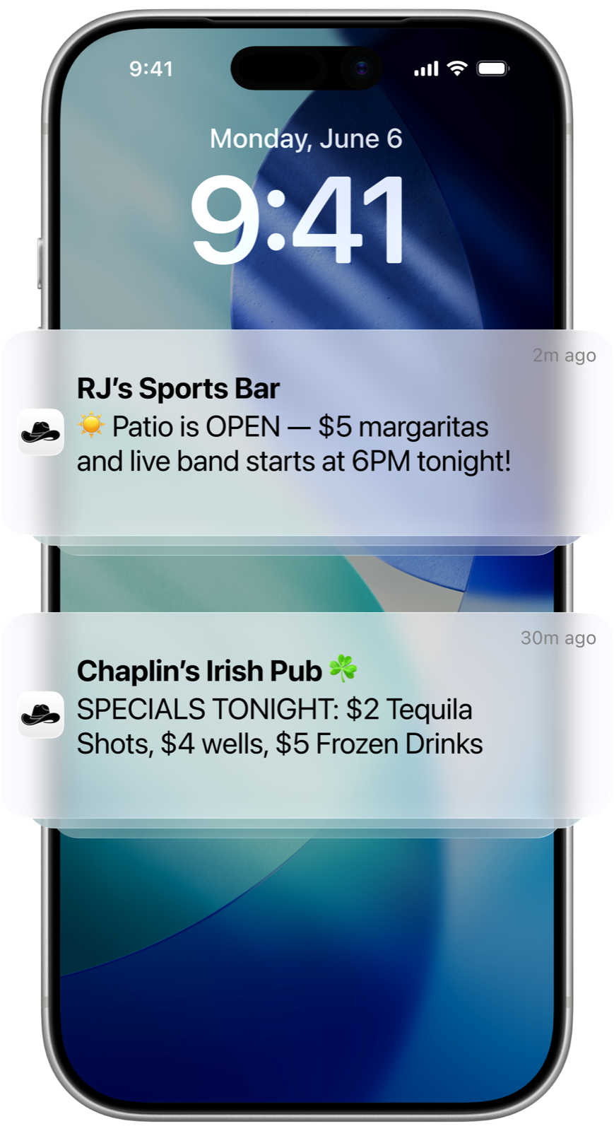 iPhone lock screen showing two Suede notifications from RJ's Sports Bar and Chaplin's Irish Pub